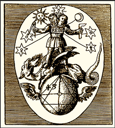 Theosophical Society - Naarden. Alchemical images from the early modern era reflect the duality of masculine and feminine in the psyche.  Here the figure’s head is the astrological symbol for Mercury, which often represents the androgyne. In the second, a two-headed figure, again surmounted by the Mercury symbol, represents the integrated masculine and feminine energies. The figure is stepping on a dragon, indicating mastery of the prana or life force.