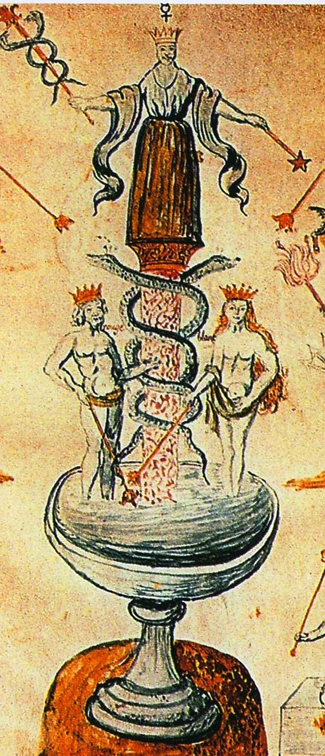 Theosophical Society - alchemical images from the early modern era reflect the duality of masculine and feminine in the psyche. Here the androgyne surmounts a base around which the caduceus is wrapped, symbolizing the integration of the subtle masculine and feminine energies that travel up and down the spine