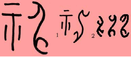 Theosophical Society - Shen, spirit or spirits, shows an altar and the sign for the One Above (1) along with a lightning bolt, representing sudden enlightenment (2).